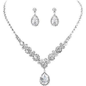 Bride Jewelry Set Silver Crystal Wedding Necklace Earrings Bridal Rhinestone